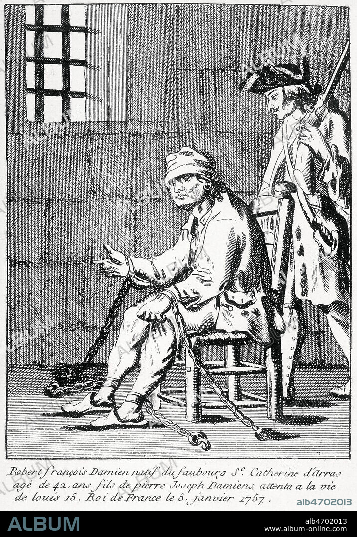 Robert DAMIEN (1715-1757 ) en prison apres l'attentat contre LOUIS XV (1710-1774) et son arrestation. Illustration anonyme du 18eme s. Credit : Collection KHARBINE-TAPABOR.