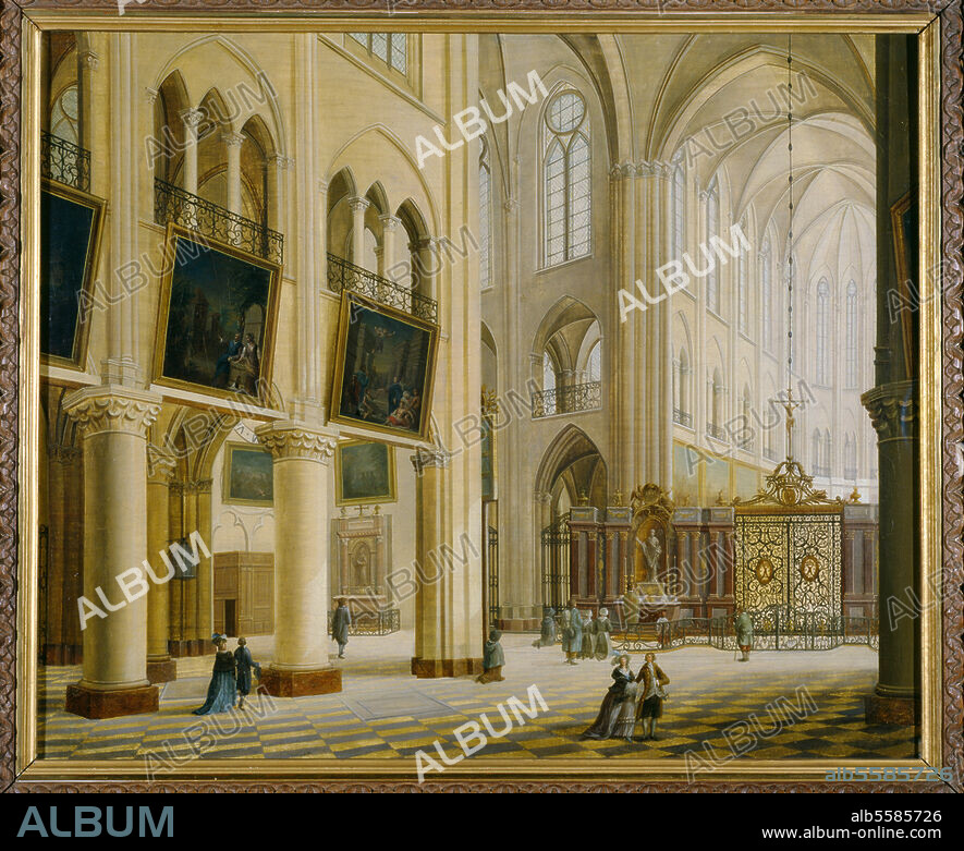 Paris, Cathédrale Notre-Dame. "La croisée du transept, vers 1780". (dans la nef sont accrochés les "Mays", tableaux à grands formats offerts chaque année de 1630 à 1707 par la Corporation des orfèvres). Peinture, XVIIIe siècle ; huile sur toile, H. 0,48 ; L. 0,51. Paris, Musée de Notre-Dame.