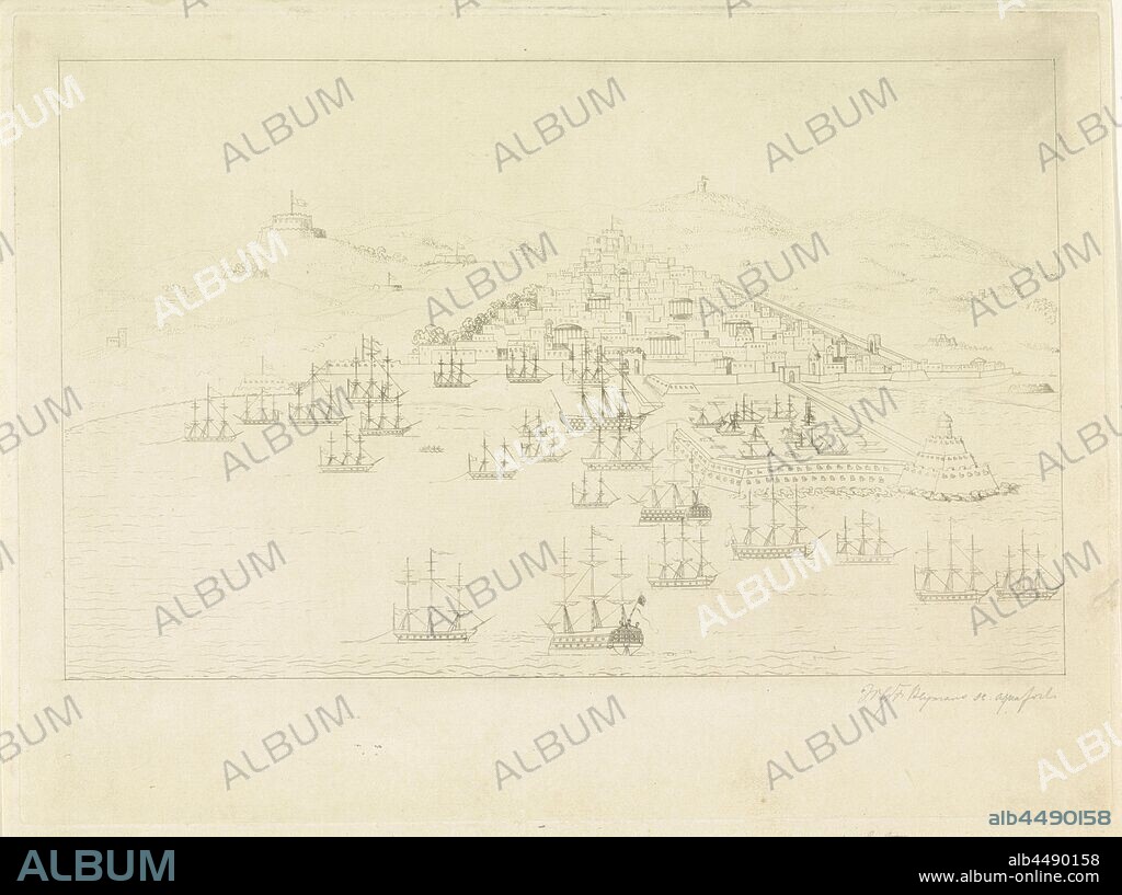 Location of the British and Dutch ships during the bombing of Algiers, 1816, Location of the British and Dutch ships during the bombing of Algiers on the night of 26-27 August 1816 by the combined English-Dutch fleet, under the command of Lord Exmouth and jonkheer van Capellen. Before the caption with the names of the ships, bombardment, siege (sailing-ships), bombardment (sailing-ships), navy (sailing-ships), Algiers, Edward Pellew, viscount Exmouth, gentleman Theodorus Frederik van Capellen, Willem George Frederik Heijmans (signed by artist), Netherlands, paper, etching, h 232 mm × w 313 mm.
