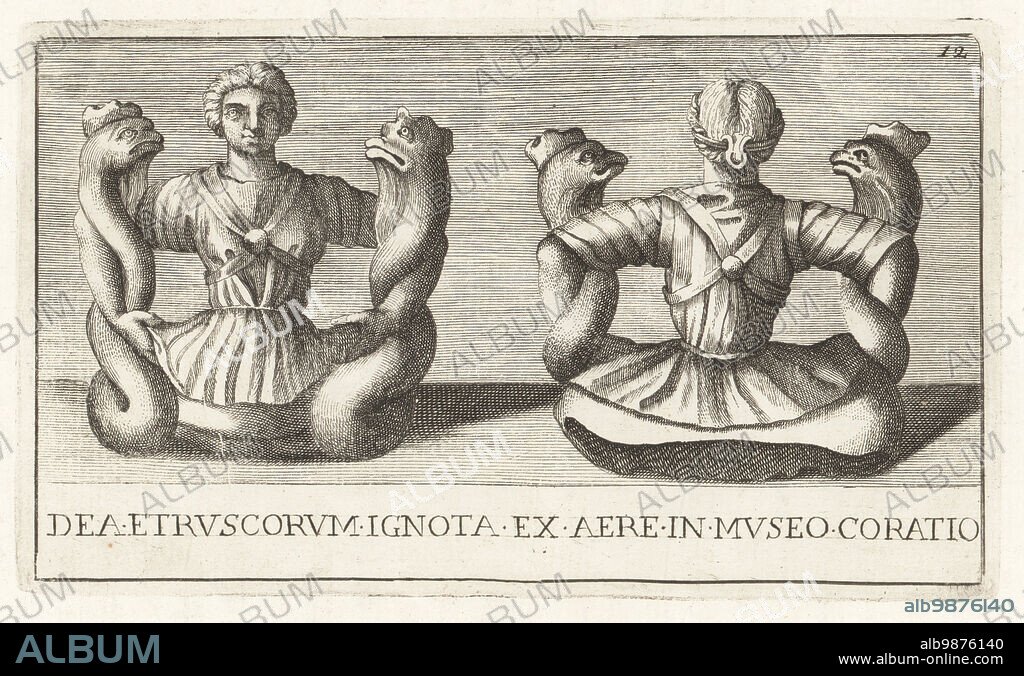 Unknown Etruscan terrestrial goddess with monstrous body. Her arms hold twisted legs that end in dragon heads. Bronze figure found in a field in Aretino. Dea Etruscorum Ignota ex aera in Museo Coratio. Copperplate engraving from Francesco Valesio, Antonio Gori and Ridolfino Venutis Academia Etrusca, Museum Cortonense in quo Vetera Monumenta, (Etruscan Academy or Museum of Cortona), Faustus Amideus, Rome, 1750.