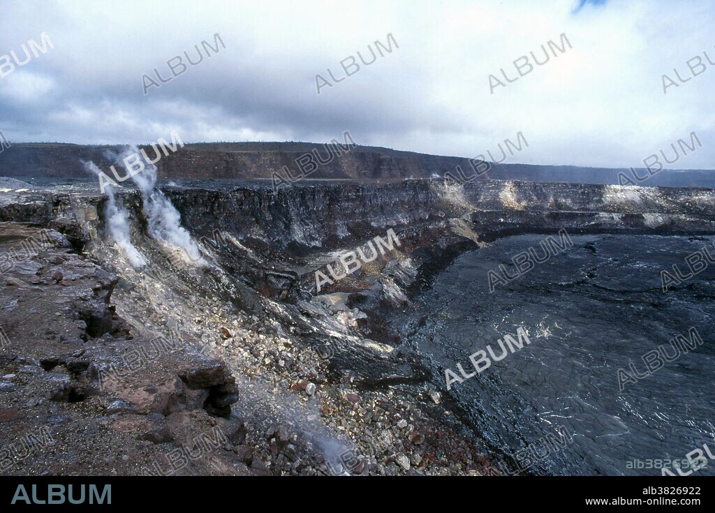 Steam vents, Kilauea volcano caldera; Big Island, Hawaii. Kilauea is one of the world's youngest and most active volcanoes. The caldera covers 2600 acres and is 2.5 miles across at its widest.