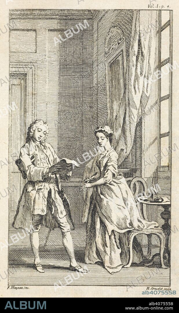 SAMUEL RICHARDSON. Illustration to 'Pamela: or, virtue rewarded.'. Pamela: or, Virtue rewarded. In a series of letters from a beautiful young damsel to her parents: and afterwards, in her exalted condition, between her, and persons of figure and quality ... In four volumes ... The sixth edition, corrected. And embellish'd with copper plates, design'd and engrav'd by Mr. Hayman, and Mr. Gravelot, etc. S. Richardson : London, 1742. Source: 1457.e.14 vol.1, plate opposite page 4.