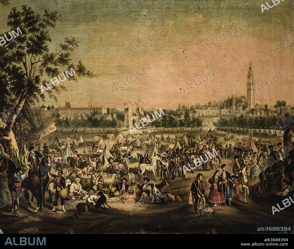 ANDRÉS CORTES. Andrés Cortes / "La feria de Sevilla", Mediados del siglo XIX, Óleo sobre lienzo, Escuela sevillana, 0,84 x 1,04 m.