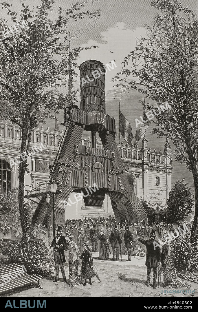 History of France. Paris. Universal Exhibition of 1878. It was held from May 1 to November 10, 1878. The Creusot Steam Hammer presented by the Creusot factory at the Trocadero Garden. A full-scale wooden replica of the towering hammer was built and displayed at the event. Engraving. La Ilustración Española y Americana, 1878.
