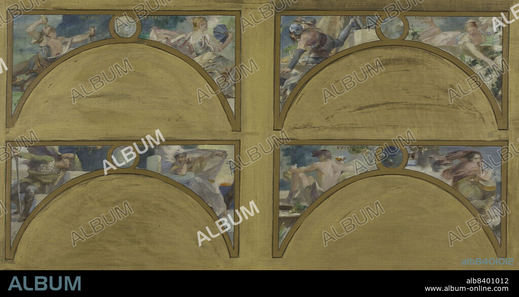ALBERT MAIGNAN. Esquisse pour le salon des Lettres de l'Hôtel de Ville de Paris : les grandes oeuvres littéraires (La Chanson de Roland, Le Misanthrope, Eviradnus, Mimi Pinson, Le Cid, Phèdre, Pantagruel, La Cigale), c.1890. Characters from literature. Roland blowing his horn, Célimène holding a fan, Eviradnus piercing an enemy of his sword, Mimi Pinson, El Cid seated with sword in hand, Phèdre draped in a coat, Eviradnus holding a glass and a carafe, La Cigale and her guitar.