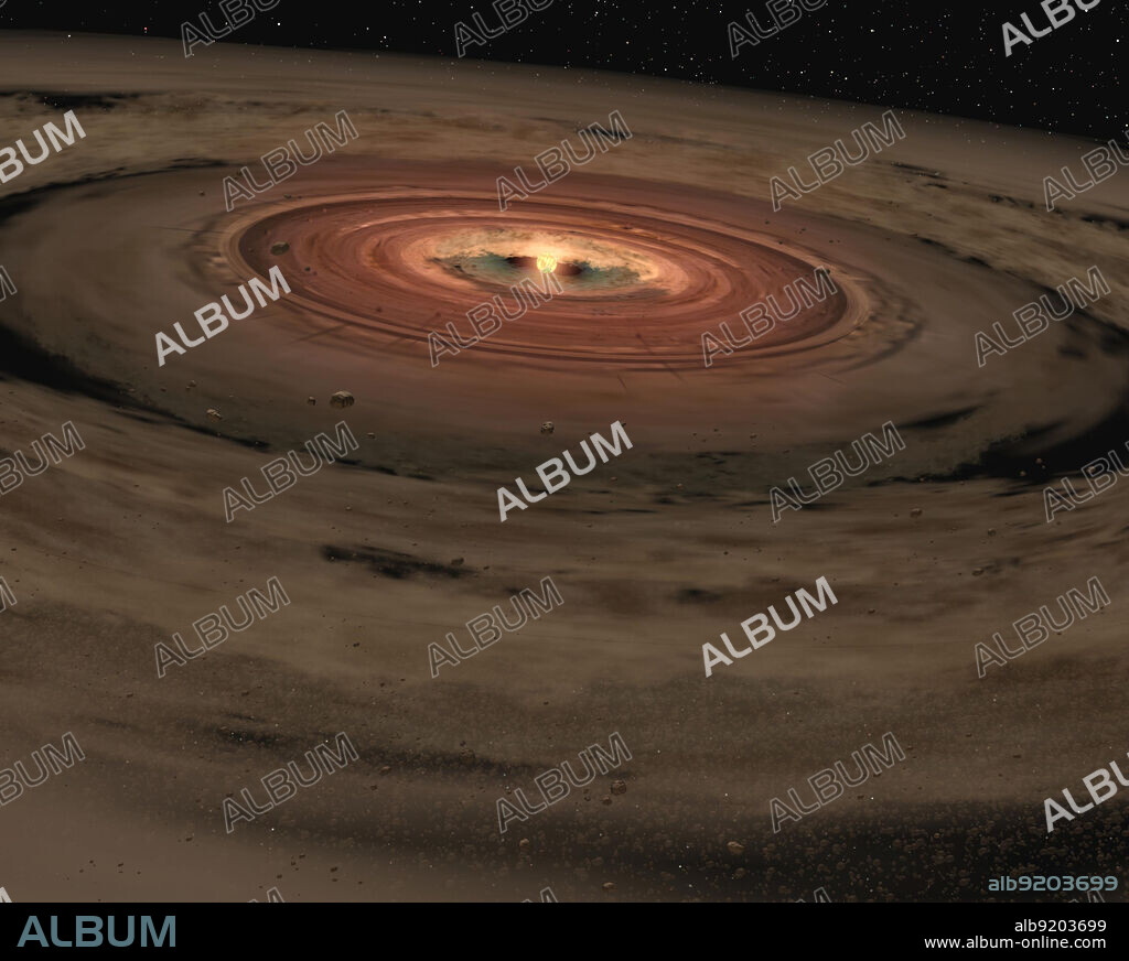 Artist Concept. Shows a brown dwarf surrounded by a swirling disc of planet-building dust. NASA's Spitzer Space Telescope spotted such a disc around a surprisingly low-mass brown dwarf, or "failed star." The brown dwarf, called OTS 44, is only 15 times the size of Jupiter, making it the smallest brown dwarf known to host a planet-forming, or protoplanetary disc. Astronomers believe that this unusual system will eventually spawn planets. If so, they speculate that OTS 44's disc has enough mass to make one small gas giant and a few Earth-sized rocky planets. OTS 44 is about 2 million years old. At this relatively young age, brown dwarfs are warm and appear reddish in color. With age, they grow cooler and darker.