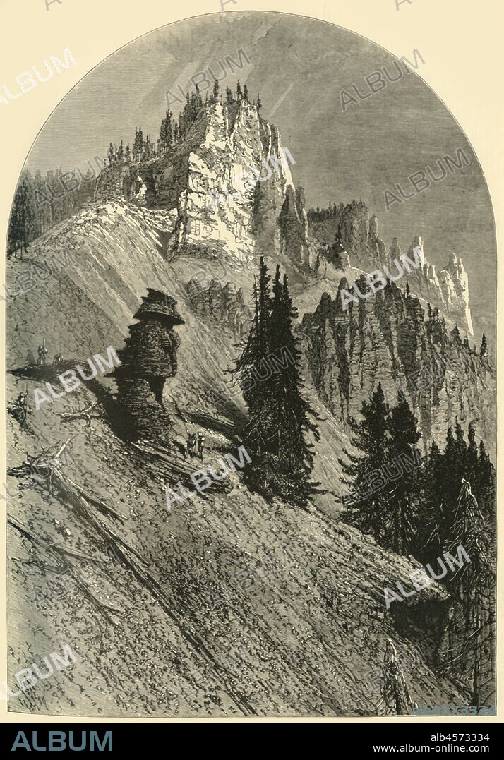 JOHN FILMER. 'Cliffs on the Yellowstone', 1872. Rock formations in Yellowstone National Park, Wyoming, USA. From "Picturesque America; or, The Land We Live In, A Delineation by Pen and Pencil of the Mountains, Rivers, Lakes...with Illustrations on Steel and Wood by Eminent American Artists" Vol. I, edited by William Cullen Bryant. [D. Appleton and Company, New York, 1872].