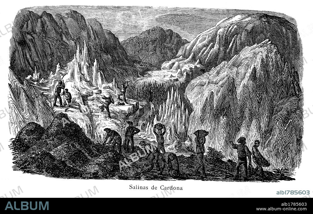 Salinas de Cardona. Explotación de las salinas. Grabado de 1905.