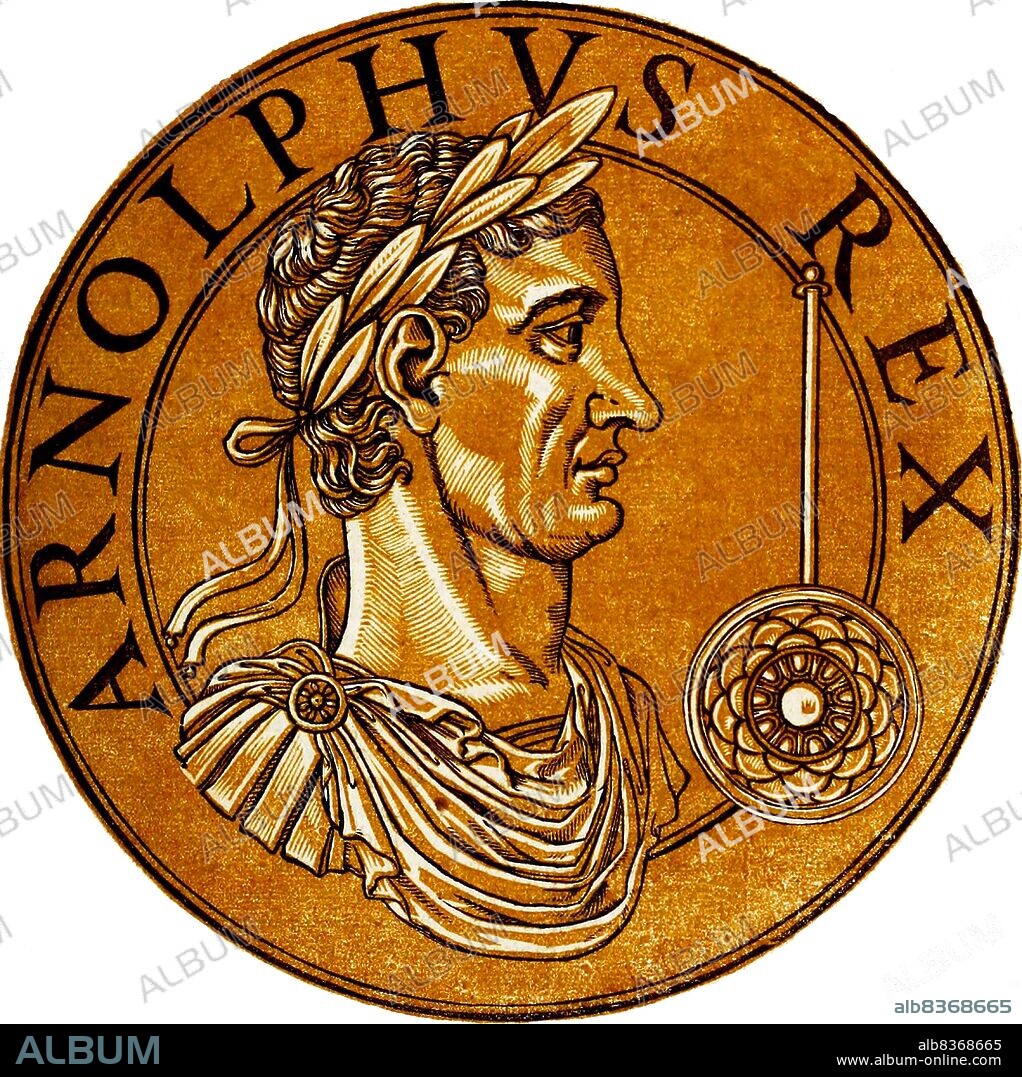 Arnulf (850-899), also known as Arnulf of Carinthia, was the illegitimate son of King Carloman of Bavaria and nephew of Emperor Charles the Fat. Arnulf became Duke of Carinthia, and more or less ruled Bavaria as well. Arnulf's ambition led him to lead a bloodless revolt in 887 that saw his uncle deposed as emperor and Arnulf crowned as King of East Francia.<br/><br/>. Arnulf was a warrior king rather than a diplomatic one, constantly battling the Slavs, Danes and Normans. He took advantage of internal strife in West Francia to secure the territory of Lotharingia, giving it to his son. He intervened constantly in West Francia, playing the different king claimants against each other to secure more territory for himself. He invaded Italy in 894 at the pope's behest, becoming King of Italy. He was later crowned Holy Roman emperor in 896.<br/><br/>. Arnulf suffered a stroke while campaigning against his rivals in Italy, and he had to retreat back to Bavaria, soon losing control of Italy. He died in December 899, with the crown to East Francia passing to his only legitimate son, Louis the Child, last of the east Frankish branch of the Carolingian dynasty.
