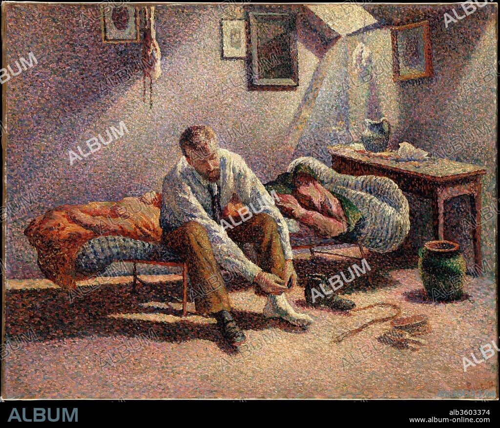 Morning, Interior. Artist: Maximilien Luce (French, Paris 1858-1941 Paris). Dimensions: 25 1/2 x 31 7/8 in. (64.8 x 81 cm). Date: 1890.
This intimate scene depicts Luce's close friend and fellow painter Gustave Perrot "getting up" and dressing as morning light streams through a garret window. Luce enlivened the traditional subject of an artist in his humble living quarters with a vivid palette of red, orange, yellow, and blue, applied in stippled brushstrokes, in keeping with the newly minted technique of Pointillism. Little is known about Perrot, aside from the fact that he died young. In 1892, his brief career was remembered in a fifteen-work tribute held at the Salon des Indépendants in Paris.
