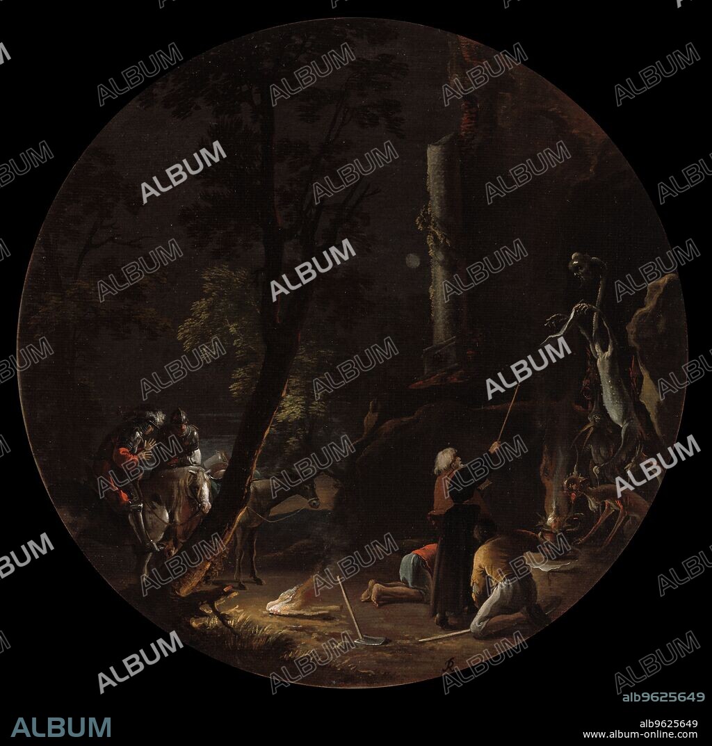 Scenes of Witchcraft: Night, c. 1645-1649. In the pitch black of night, two groups of men are gathered in a forest. To the left, travelers apprehensively pause to watch a magician conjure terrifying apparitions. Since the Middle Ages, necromancy, the act of communing with the dead, was associated with male sorcerers. In Rosa's painting, the wizened necromancer who stands tall and resolute directly below a classical column is reminiscent of Moses, a predecessor to Renaissance depictions of sorcerers. Rosa's learned magicians not only invoke associations with philosophers and intellects, but they would have also referred to the artist himself and the intellectual elite with whom he associated in Florence. Just as a powerful magician could conjure strange creatures with his wand, so too could Rosa shape a strange world with his originality, intelligence, and the skillful use of paint and brush.