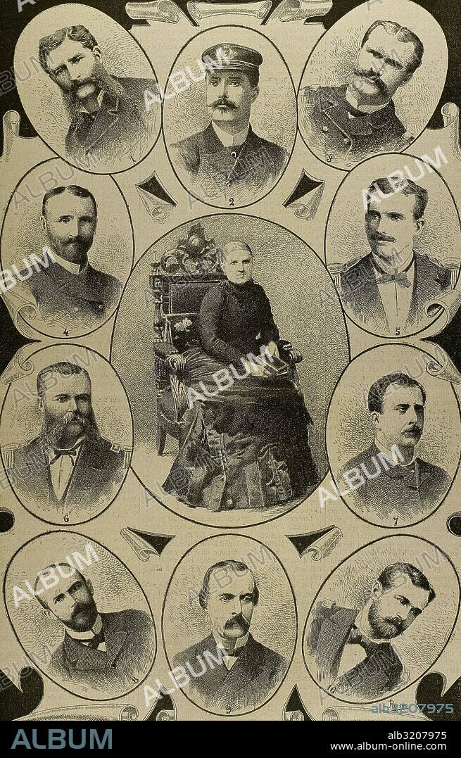 The Chilean Civil War of 1891, also known as Revolution of 1891. The heroes of the Constitutional cause: Alejo Barrios, Joaquin Mun_oz Hurtado, Emilio Korner, Lindor Perez Gacitua, Pedro Nolasco Martinez, Javier Molinas Gazitua, Cornelio Saavedra, Enrique Valdes Vergara, Antonio Gazitua, Comandante Gon_i. In the center, the Chilean philanthropist Juana Ross Edwards (1830-1913). Portraits. Engraving by Passos. "La Ilustracion Artistica", 1891.