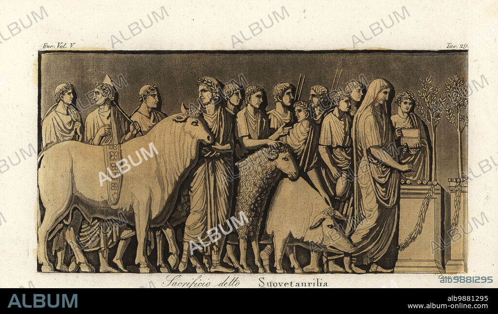 Roman suovetaurilia or suovitaurilia sacrifice ceremony. A woman offers a prayer in front of an altar to Mars, young men in laurel wreaths bring a bull, a ram and a pig for sacrifice. From a bas relief on a marble sarcophagus. Sacrificio detto Suovetaurilia. Handcoloured copperplate engraving by Corsi from Giulio Ferrarios Costumes Ancient and Modern of the Peoples of the World, Il Costume Antico e Moderno, Florence, 1843.