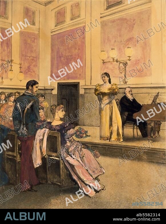 ANONYMOUS. Brahms, Johannes, 1833-1897, German composer and pianist. Brahms accompanies the Italian mezzo-soprano Alice Barbi during her farewell concert at the Bösendorf Hall, Palais Liechtenstein in Vienna, Austria. Drawing, coloured.