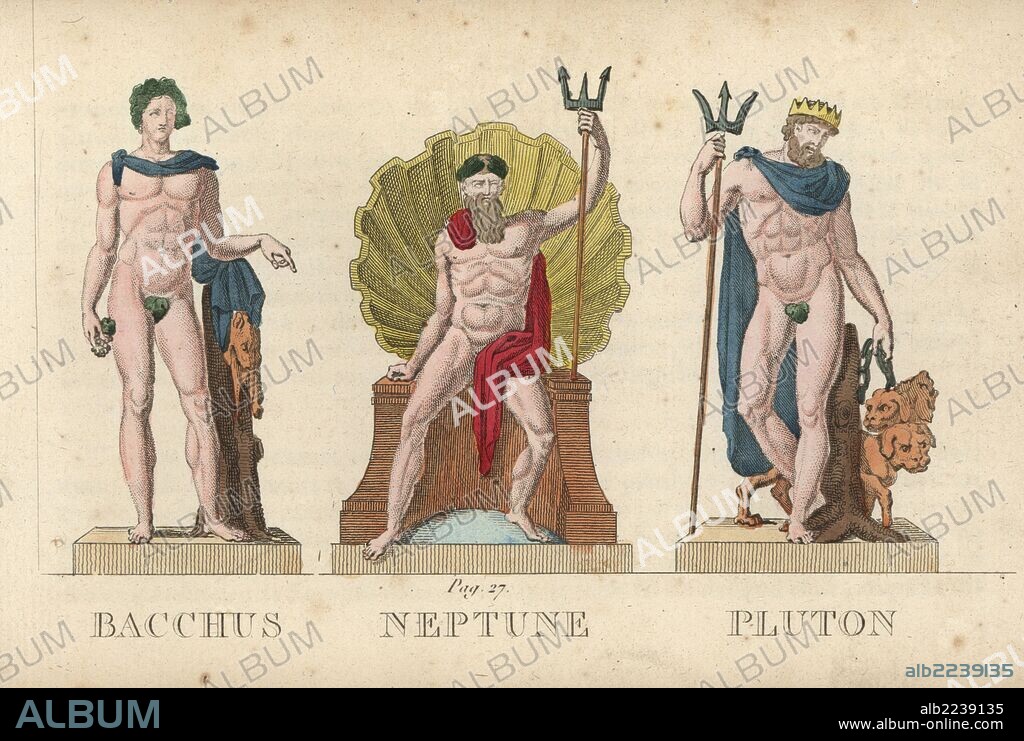 Bacchus, Neptune and Pluto, Roman gods of wine, the sea, and of the dead. Handcoloured copperplate engraving engraved by Jacques Louis Constant Lacerf after illustrations by Leonard Defraine from "La Mythologie en Estampes" (Mythology in Prints, or Figures of Fabled Gods), Chez P. Blanchard, Paris, c.1820.