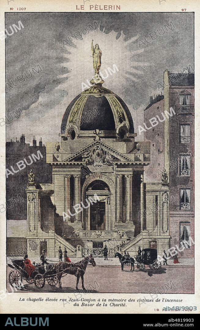 La chapelle elevee rue Jean-Goujon a la memoire de l'incendie du Bazar de la Charite. Illustration anonyme pour Le Pelerin du 18 fevrier 1900. Credit : Collection Jonas/Kharbine-Tapabor.