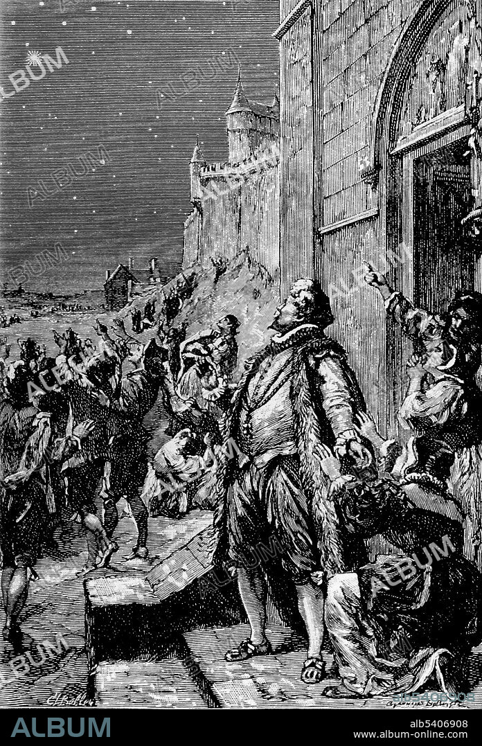 Brahe observing the new star (supernova) in the Cassiopeia constellation (upper left corner). It appeared in the Historical book Astronomie Populaire by Camille Flammarion (Paris, 1884). The supernova of 1572 is often called Tycho's supernova, because of his extensive work De nova et nullius aevi memoria prius visa stella (Concerning the Star, new and never before seen in the life or memory of anyone, published in 1573), a work containing both his own observations and the analysis of sightings from many other observers. Tycho Brahe (December 14, 1546, October 24, 1601) was a Danish astronomer and alchemist. He was the last of the major naked eye astronomers, working without telescopes for his observations. Tycho is credited with the most accurate astronomical observations of his time, and the data was used by his assistant, Johannes Kepler, to derive the laws of planetary motion. Due to a dueling injury at university, he always wore a metal nose prosthetic.