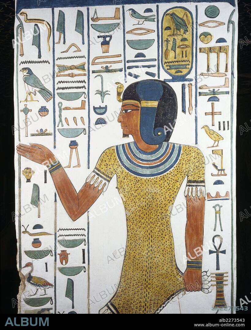 Horus-Neg-Itef, fresco, south-east pillar of the burial chamber, Tomb of Queen Nefertari (QV66), Valley of the Queens, Thebes (Unesco World Heritage List, 1979). Detail. Egyptian civilisation, New Kingdom, Dynasty XIX.