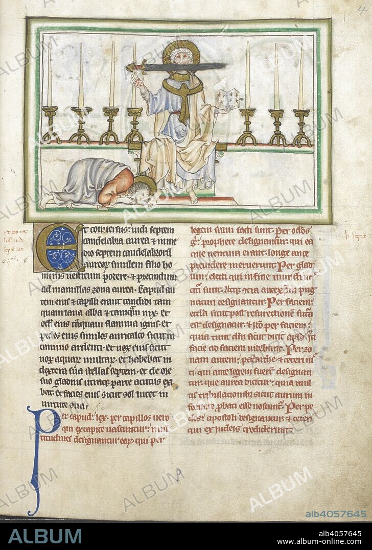 Biblical scenes from the Apocalypse of St. John. . THE APOCALYPSE, in Latin , headed "Incipit textus uisionis prime apocalipsis beati Iohannis apostoli"; with a commentary, beg. "Tempus uideliect itidicii.". Late 13th century. Source: Add.35166, f.4. Language: Latin.