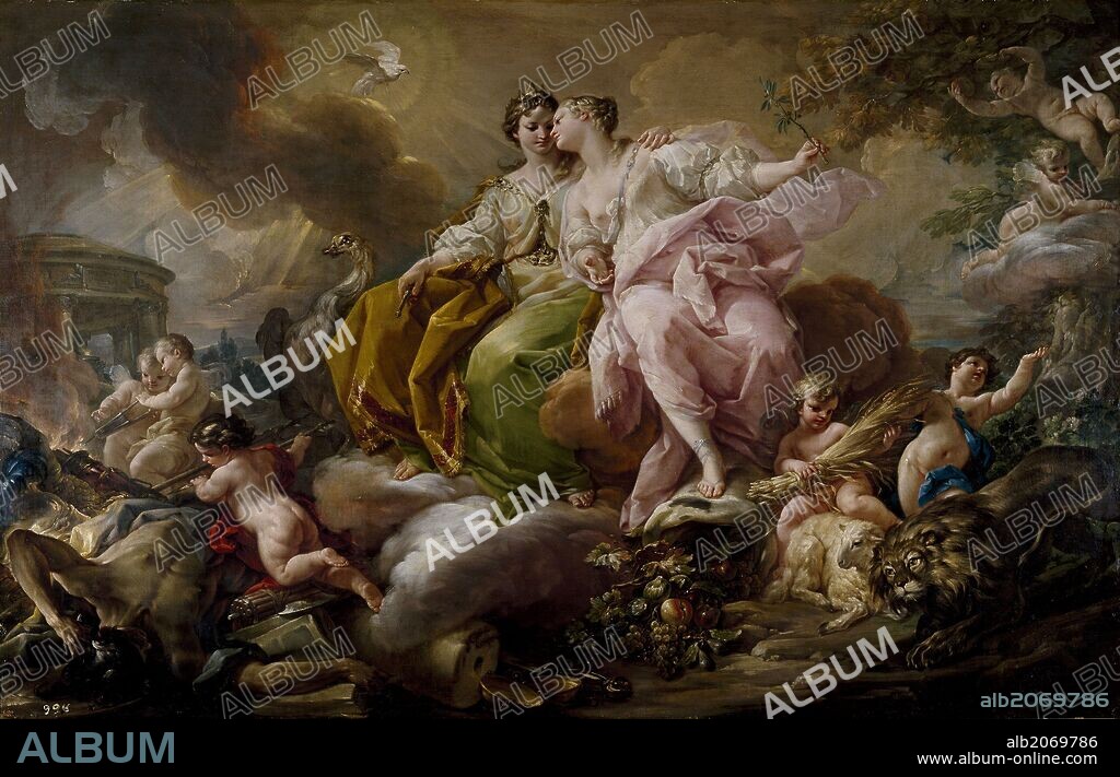 Corrado Giaquinto / 'La Justicia y la Paz', Hacia 1754, Escuela Italiana, Óleo sobre Lienzo, 216 cm x 325 cm, P00104.