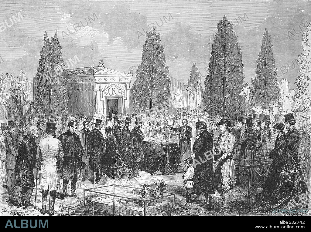 The funeral of Baron James de Rothschild, Jakob Mayer Rothschild, James de Rothschild (May 15, 1792 - November 15, 1868) was the founder of the French branch of the influential Rothschild banking family, Historical, digitally restored reproduction of an original artwork from the 19th century, exact original date unknown.