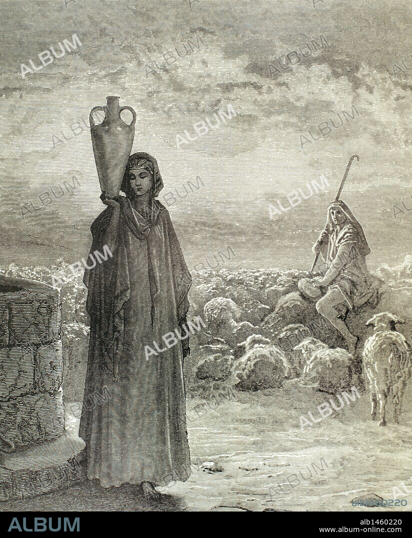 ANTIGUO TESTAMENTO. GENESIS. "JACOB EN CASA DE LABAN, SU TIO, Y PADRE DE QUIEN SERIAN SUS DOS ESPOSAS, LEA Y RAQUEL". Grabado del siglo XIX realizado por Gustave Doré.