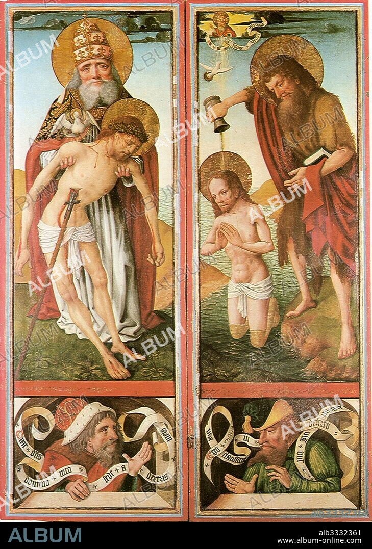 BERNT NOTKE. The Schonenfahrer Saint John Altarpiece (left: The Holy Trinity, right: Baptism of Christ).
