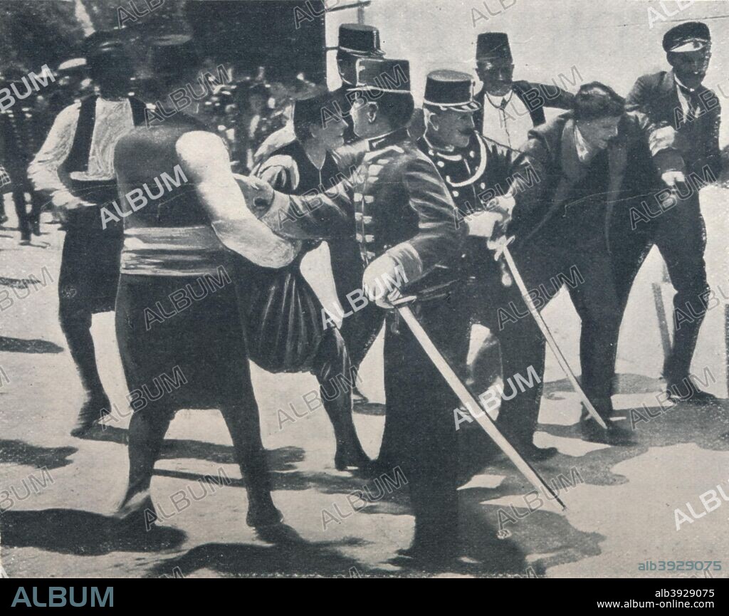 Arrest of Gavrilo Princip, assassin of Archduke Franz Ferdinand, 1914. Arrest of Gavrilo Princip, assassin of Archduke Franz Ferdinand, 1914. Princip, a Serbian nationalist murdered the Archduke Franz Ferdinand (1863-1914), heir to the Austrian throne, at Sarajevo, on 28 June 1914. The assassination set Europe firmly on the road to the First World War. From 'The Manchester Guardian: History of the War', Vol. I.-1914-15., 1915.