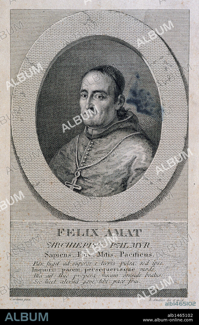 AMAT DE PALOU Y PONT, Félix (Sabadell, 1750, Barcelona, 1824). Prelado español e historiador eclesiástico. Consagrado Arzobispo titular de Palmira y confesor del rey Carlos IV en 1806. Grabado del s. XVIII realizado por Blai Ametller.
