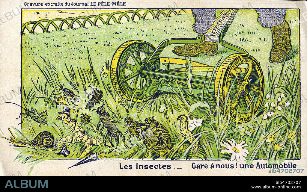 'Les insectes : gare a nous! Une automobile' s'ecrient-t-ils devant une tondeuse a gazon. Carte publicitaire vers 1925 pour les tondeuses STEARNS. Illustration anonyme, reprise d'une caricature du journal Pele-Mele. Credit : Collection IM/KHARBINE-TAPABOR.