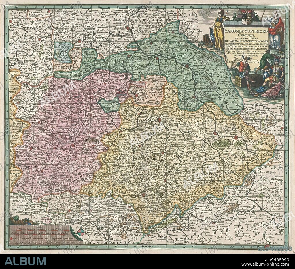 Map of the Electorate of Saxony, Saxoniae superioris circulus ob oculos sistens ducatum et electoratum (...) (title on object), Around the title cartouche an allegorical representation with above the coat of arms of Saxony., print maker: anonymous, publisher: Matthaeus Seutter (III), (mentioned on object), unknown, (mentioned on object), Augsburg, 1757 - 1777, paper, engraving, height 505 mm × width 589 mm.