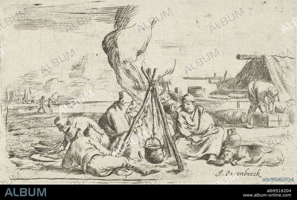 Five soldiers around a campfire, print maker: Jan van Ossenbeeck, (mentioned on object), unknown, 1647 - 1674, paper, etching, engraving, h 75 mm × w 120 mm.