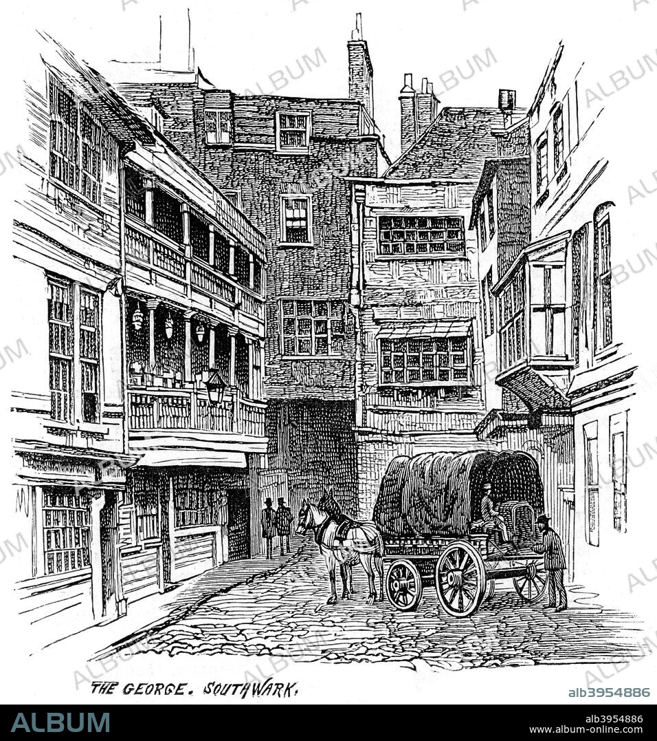 The George Inn, Southwark, London, 1887. Originally dating from medieval times, this inn off Borough High Street was rebuilt after a fire ravaged the area in 1676. Today owned and licensed by the National Trust, it is the only one of London's galleried coaching inns that remains open today. A print from The Illustrated London News, 26th February 1887.