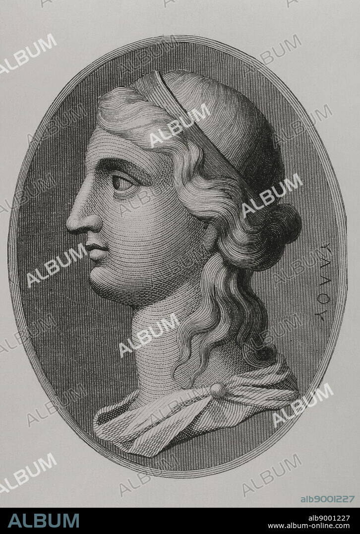 Cleopatra VII Filopator (69 a.C. - 30 a.C.). Ultima reina de Egipto de la dinastía Lágida (51 a.C. - 30 a.C.). Retrato. Grabado. "Los Héroes y las Grandezas de la Tierra". Tomo I. 1854.