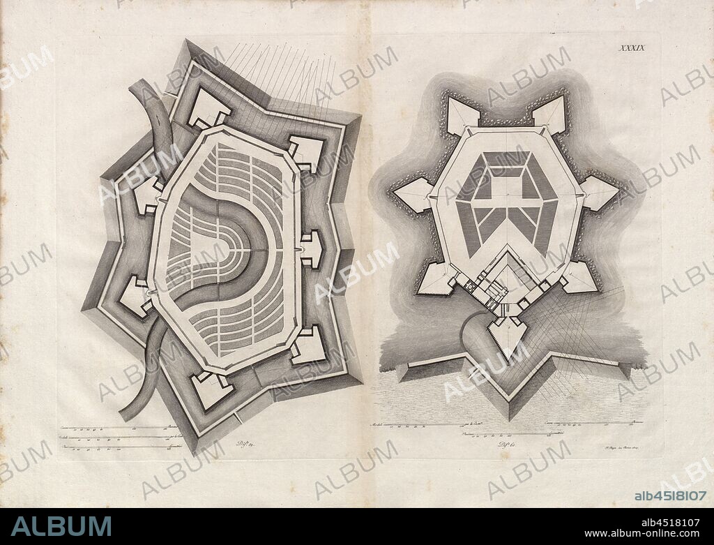 Plan of two fortifications 2, Copper engraving, fortifications after Francesco Marchi, pl. XXXIX, Marini, Luigi (ill.), 1810, Architettura militare di Francesco de' Marchi: illustrata da Luigi Marini. Roma: da' Torchi di Mariano de Romanis e figli, 1810.