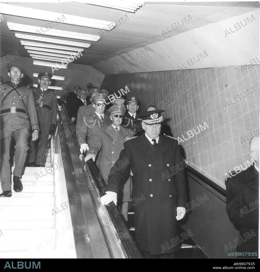 Madrid, 3/26/1973. The Head of State, Francisco Franco, accompanied by the Minister of Public Works, Gonzalo Fernández de la Mora, inaugurate the Diego de León-Avenida de América, Prosperidad-Alfonso XIII section of the Madrid Metro.