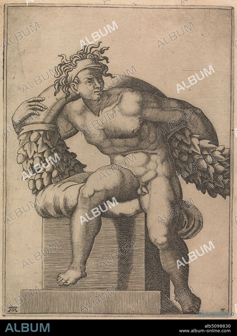 Male Nude from Panel of 'The Sacrifice of Noah', Print made by Adamo 'Ghisi' Scultori, ca.15301585, after Michelangelo, 1474/14751564, Italian, 1550 to 1585, Engraving on medium, slightly textured, cream laid paper.