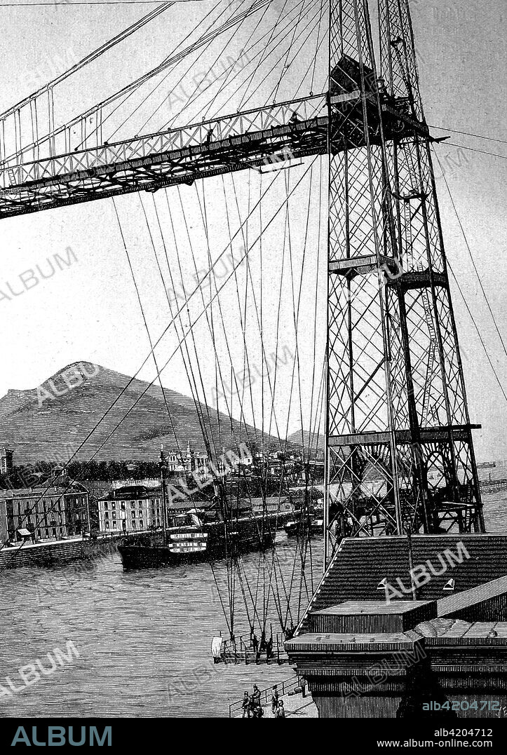 The Biscay Bridge, Puente de Portugalete, but in Spain it is mainly known as Puente Colgante, Hanging Bridge. It is not a suspension bridge in the technical sense, but a suspension ferry, a high bridge with attached Haengebarke, the ferry was inaugurated 1893, historical image or illustration, published 1890, digital improved.