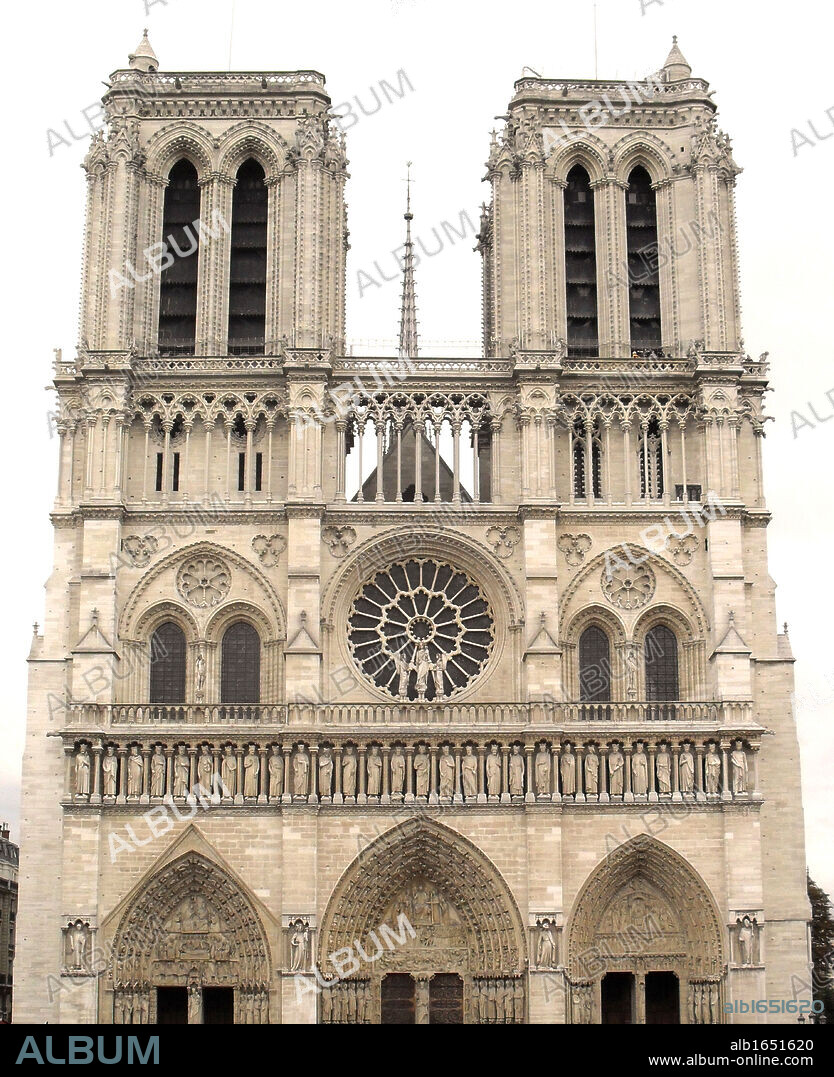 Exterior facade of the Cathedral of Notre Dame, Paris, France.