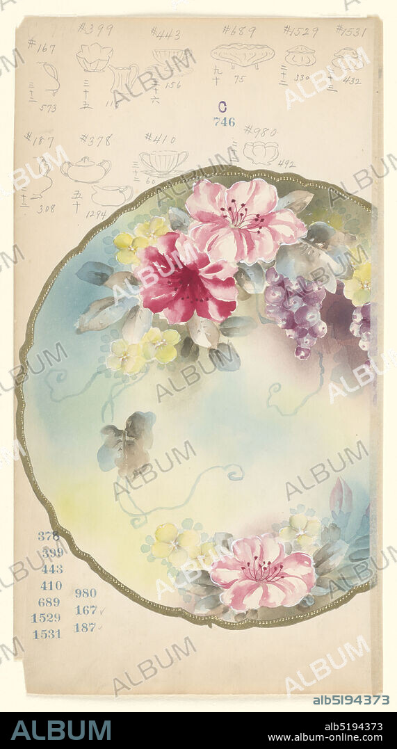 Design for a Plate, Brush and watercolor, gold gouache, graphite on cream paper, Design for plate with large pink peonies, yellow flowers, and purple grapes against a colorful background; several graphite tableware designs above., Japan, 18801910, tableware designs, Drawing, Drawing.