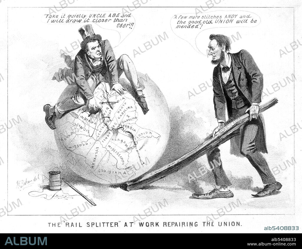 The "rail splitter" at work repairing the union: Cartoon print shows Vice President Andrew Johnson attempting to stitch together the map of the United States with a needle and thread while Abraham Lincoln uses a split rail to position the globe. Johnson warns, "Take it quietly Uncle Abe and I will draw it closwer than ever." While Lincoln commends him, "A few more stitches Andy and the good old Union will be mended." Illustration by Joseph E. Baker (1837-1914), 1865.