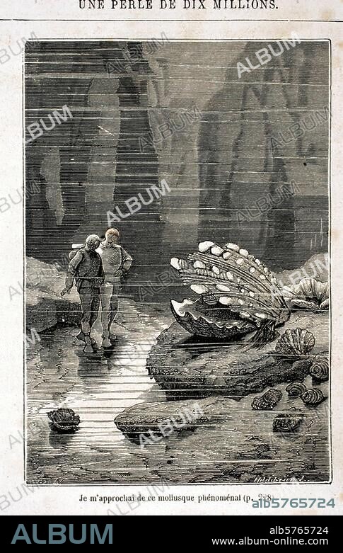 Verne, Jules franz. Schriftsteller; 1828-1905. Werke: 20 000 Meilen unterm Meer (Vingt Mille Lieues sous Les Mers, Roman, 2 Bde., 1869/70). Kap. III: Die Riesenauster. Holzstich nach Zeichnung von Alphonse de Neuville aus Bd. 2 der franz. Erstausgabe.