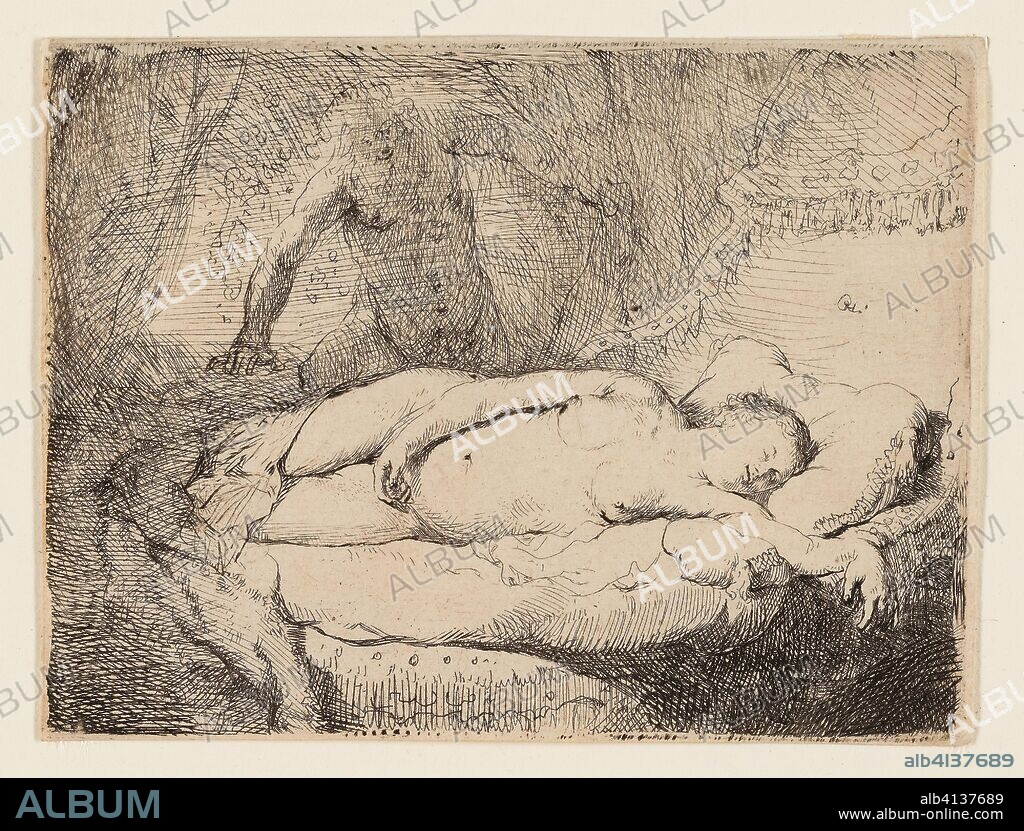 REMBRANDT HARMENSZOON VAN RIJN. Jupiter and Antiope: Smaller Plate. Rembrandt van Rijn; Dutch, 1606-1669. Date: 1626-1636. Dimensions: 84 x 114 mm (sheet, trimmed to plate mark). Etching on buff laid paper. Origin: Holland.