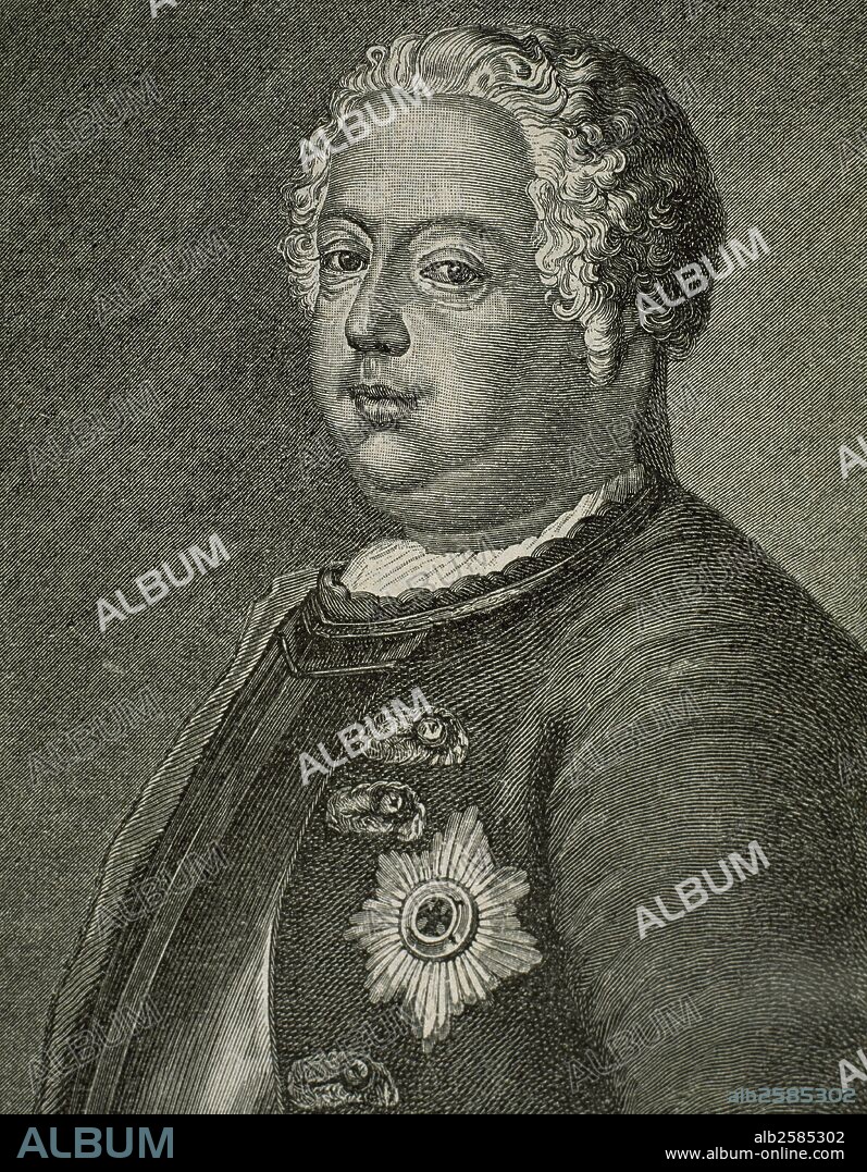 FEDERICO GUILLERMO I "el Rey Sargento" (Berlín, 1688-Potsdam, 1740). Rey de Prusia desde 1713. Aumentó el poder del ejército y el centralismo de la administración del reino, poniendo las bases del renacimiento prusiano. Grabado por J. Caspar.