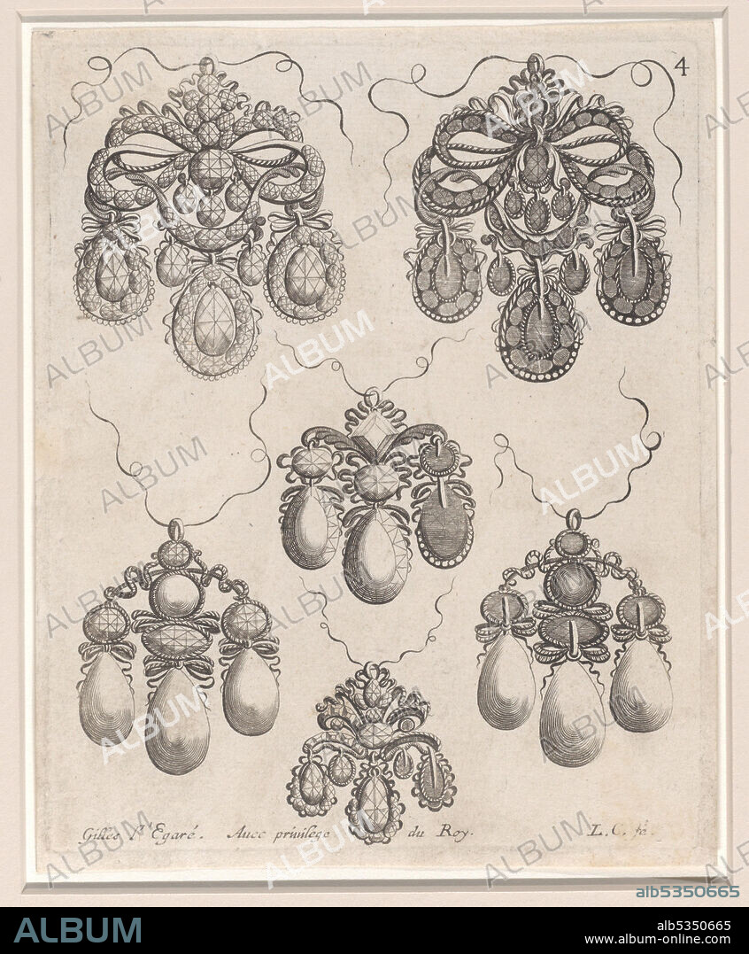 LOUIS COSSIN. Design for Pendants, Plate 4 from 'Livre des Ouvrages d'Orfevrerie', after 1663. From a book on silversmithing.