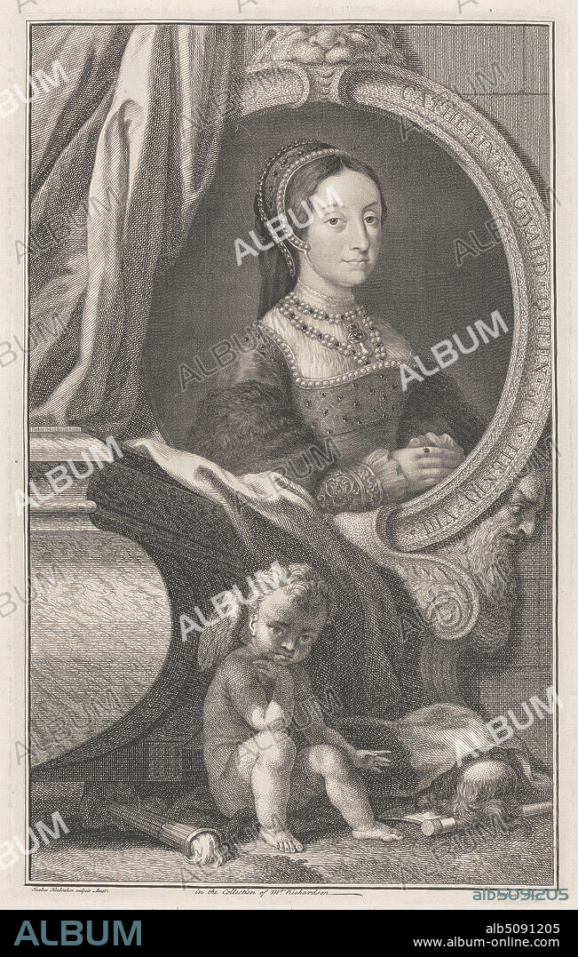 Catherine Howard, Queen of King Henry VIII, Print made by Jacobus Houbraken, 16981780, Dutch, after Hans Holbein the Younger, ca. 14971543, German, active in Switzerland and England, between 1747 and 1752, Line engraving on medium, slightly textured, cream laid paper.