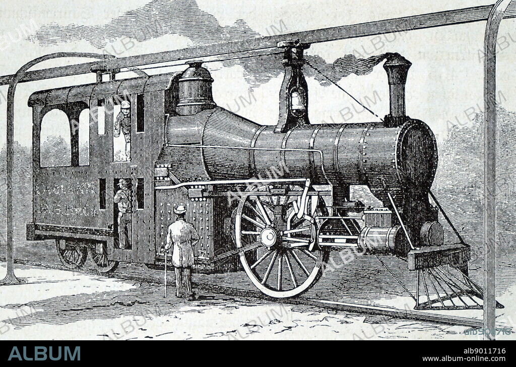 Engraving depicting a steam locomotive of the Boynton Bicycle Railroad with a double-deck cab, with the fireman on the bottom and the engineer on the top. Dated 19th century.