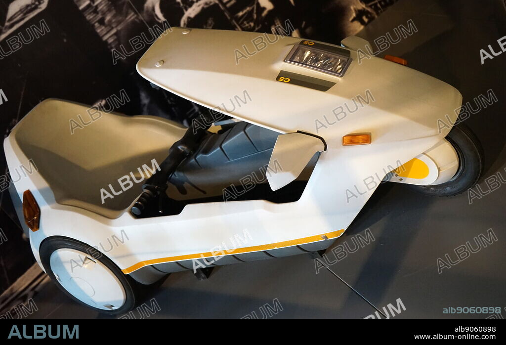 The Sinclair C5, a small one-person battery electric velomobile, technically an "electrically assisted pedal cycle". It was developed by Sir Clive Sinclair. 1985.