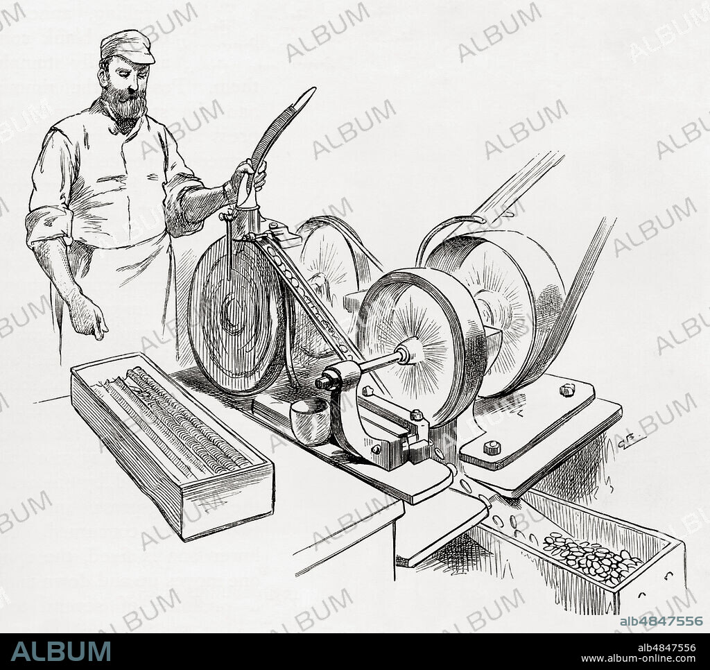 A worker at a coin rimming machine, the Royal Mint, London, England in the 19th century.  From London Pictures, published 1890.