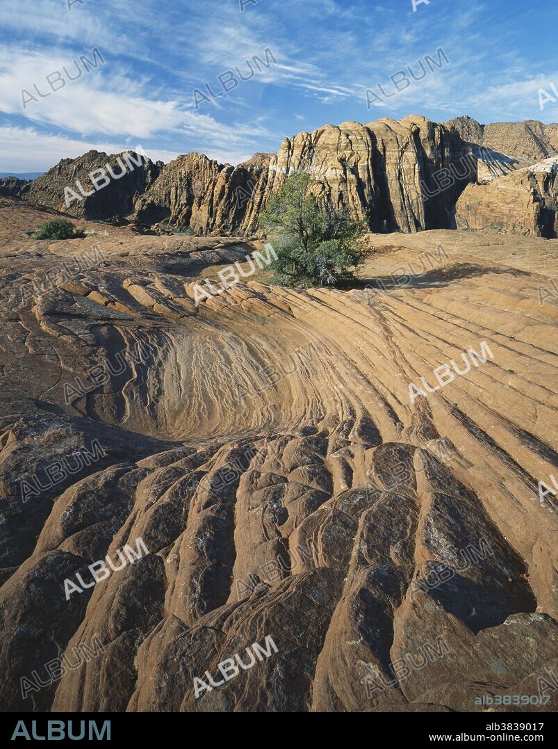 Sandstone layers in Snow Canyon State Park, Utah. Fossilized ripple marks are frequently found in Kayenta Formation slopes, indicative of the water which once flowed over the forming rocks.